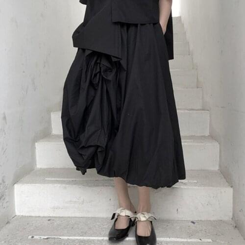 Large size dark Ruffle design minority skirt womens summer elastic waist A-line pleated high waist skirt