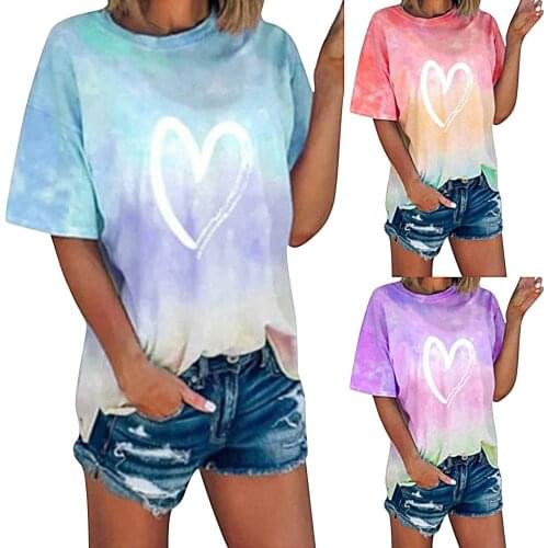 Womens T-shirts Summer Fashionable Tie Dye Heart Print Hip Hop T Shirt Harajuku Clothing 2021 Oversized Loose Casual Tee Top