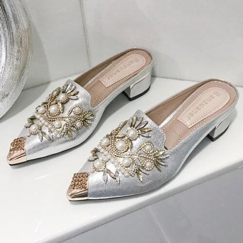 Womens Rhinestones Pearls Backless Slipper Mule Slide Princetown Shoes Metal Toe Block Heel Summer Black Sliver