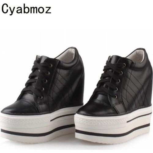 Cyabmoz Women Wedge Platform Shoes Genuine leather Height increasing High heels Lace up White Casual Ladies shoes Zapatos mujer