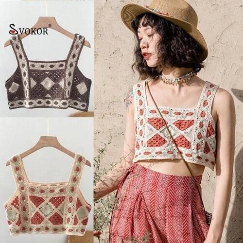 SVOKOR Vintage Tank Top Knitted Camisole Summer Color Matching Short Crochet Top Women