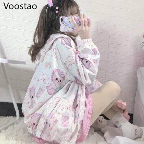 Japanese Girly Sweet Lolita Style Thin Coats Loose Cute Cartoon Baby Bear Print Hooded Sweatshirt Women Kawaii Jackets Outwear