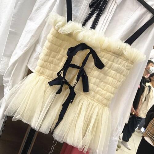 2021 Spring Summer New Bowknot Bandage Camisole Female Ruffled Sexy Backless Mesh Crop Top Party Tank Tops y1086