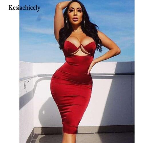 Kesiachiccly Hollow Out Sexy Dress Women Summer Spaghetti Straps Birthday Party Bodycon Dress Knee-Length Slim Satin Dress White