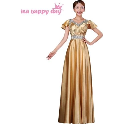 Womens v neck long elegant xxl plus sized golden hot pink cap sleeved evening dress satin gowns for women dresses W2914