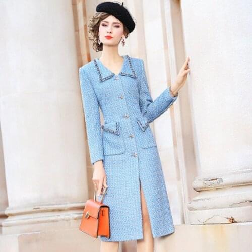 Small 2021 fashion fragrant coarse flowered woolen beading dress womens Autumn winter new slim medium length plaid overcoat 3XL
