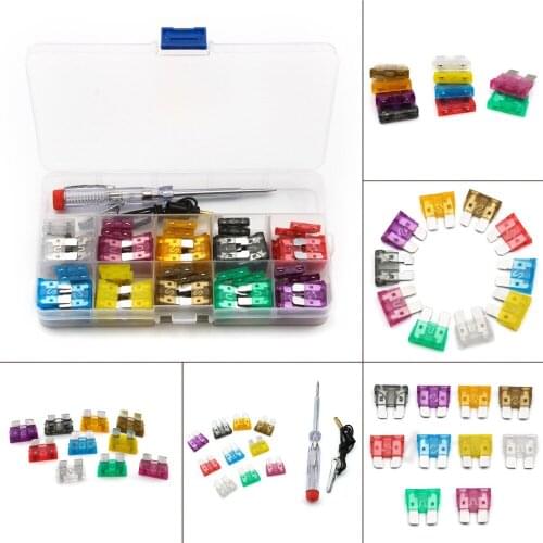 100Pcs 2A/3A/5A/7.5A/10A/15A/20A/25A/30A/35A Assorted Auto Car Low Profile Medium Blade Fuses With Test Pen Plug Glass Fuse Kit