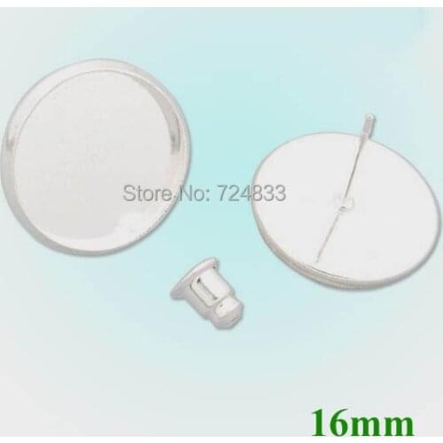 16mm New Silver Plated Blank Bases Round Bezel Tray Pin Stud Earrings Post w/ Bullet Stopper Settings Findings Wholesale