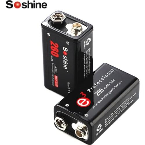 Soshine 260mah True 9.6v Rechargeable Battery 9V battery RTU NiMH Protected High Discharge Batteries Battery box 2 pcs/lot
