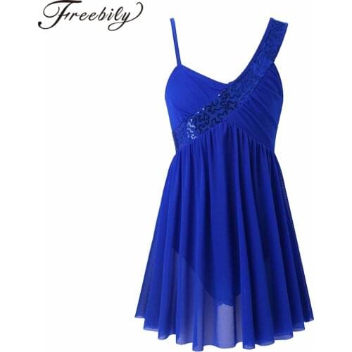 Girls Ballet Dress Sequins Kids Dancewear Sleeveless Irregular Shoulder Straps Figure Skating Dance Gymnastics Leotard Dress
