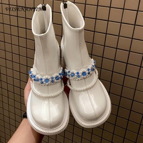 White Patent Leather Boots Childrens Doll Round Head Thick Heel High Heel Short Boots Crystal Beaded Short Tube Single Boots
