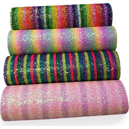 Bright Shiny Colorful Stripes Rainbow Design Chunky Glitter Faux Leather Fabric Sheet For Shoe/Bag/Decoration/DIY Accessories