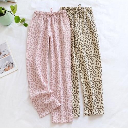 Spring Summer Women Bottoms Pants Pure Cotton Gauze Leopard Grain Ladies Soft Long Pants Thin Loose Comfy Home Lounge Trousers