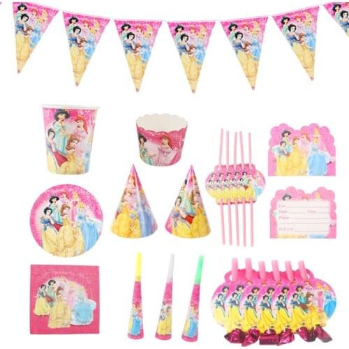 Catoon Figure Disney Princesses Theme Girls Birthday Baby Shower Han Party Supplies Decoration Paper Cup Plate Tableware Set