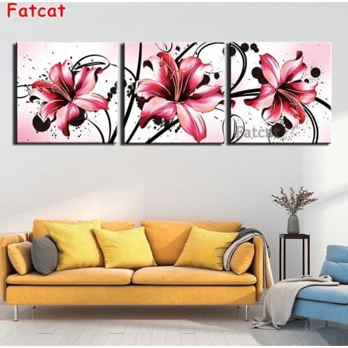 5d Diy Diamond Painting 3 Piece Pink Lily Flower Diamond Embroidery Sale Square Still Life Modern Decoration Triptych PP1823