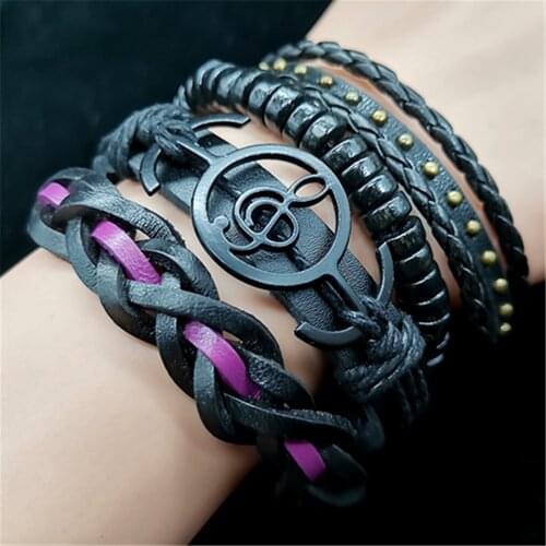 Music Note Rivet Black Beads Feather Star Beacelets Leather Bracelets Set Men Bracelets Women Homme Fashion Jewelry Accessories