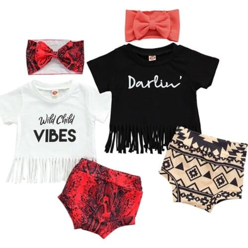 3Pcs Newborn Girls Outfits Baby Summer Sets Short Sleeve Letter Print Tassel Tops + Shorts + Headband Set Infant Clothing