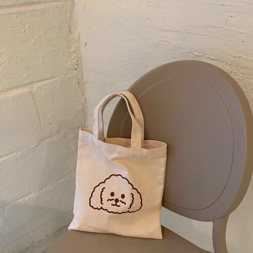 Korea Ins Canvas Tote Bag Thin Cotton Mini Handbag Cute Cartoon Dog Shopper Bag Beige Reusable Shopping Bag For Women Girl 2021