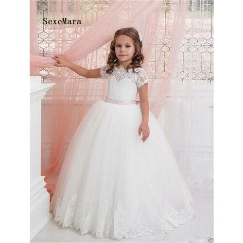 Beautiful Ivory White Flower Girl Dress with Bow Lace Tulle Kids Pageant Dress Ball Gown Little Princess First Communion Dress