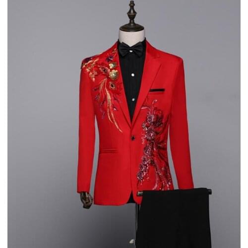 Red Sequins blazer men formal dress latest coat pant designs marriage suit men terno masculino trouser wedding suits for mens