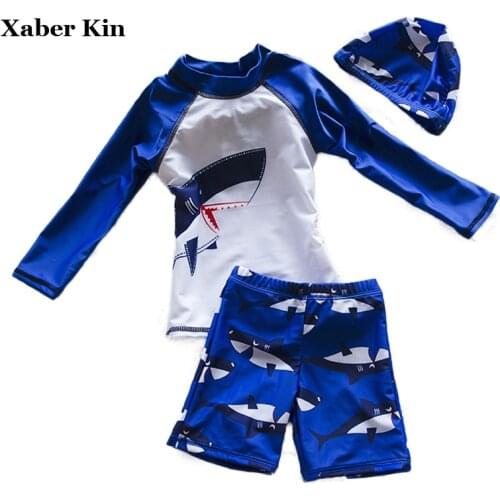 3PC Boy Shark Long Sleeve Swimsuit Set with Caps 2019 Surfing Swimming Bathing Suits Kids Boys Sport Swimsuit Swimwear