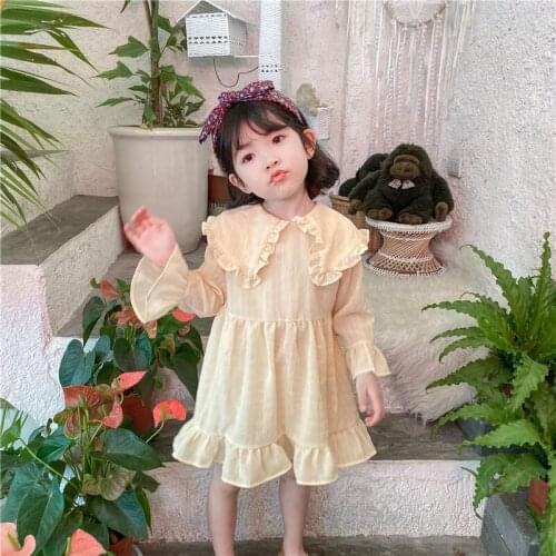 New 2-7 years old childrens clothing girls baby foreign doll collar dress spring lotus leaf collar button princess baby dress