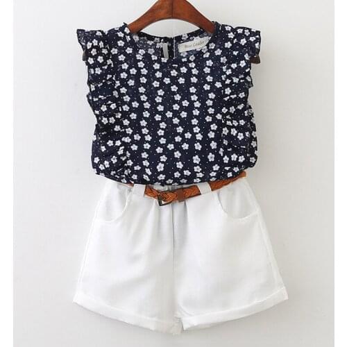 Summer new girl clothing suit childrens floral sleeveless t-shirt + shorts 2 piec set (send belt) dot pattern baby girl clothes