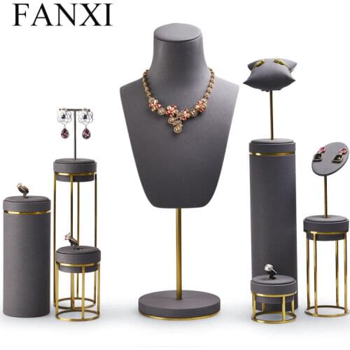 FANXI Jewelry Display Leather Necklace Earring Bracelet Display Stand Neckalce Bust Display Setwith Metal Base