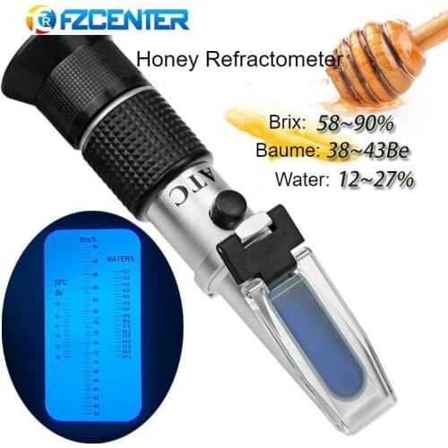 Honey Refractometer 3-in-1 Brix/Moisture/Baume Tester Meter ATC, Sugar Water Content Level, Tri-Scale 58-90%/12-27%/38-43Be