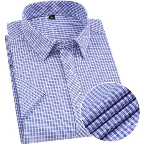 PARKLEES Small Plaid Short Sleeve Collared Shirt for Men Summer Fashion Casual Checkered Button up Dress Shirts Chemise Homme