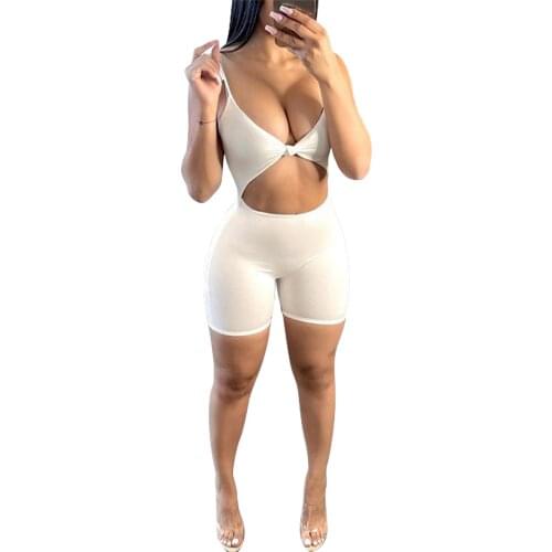 Sexy Women Close-fitting Backless Casual Summer Romper Solid Color Deep V-neck Sleeveless Playsuit Black White