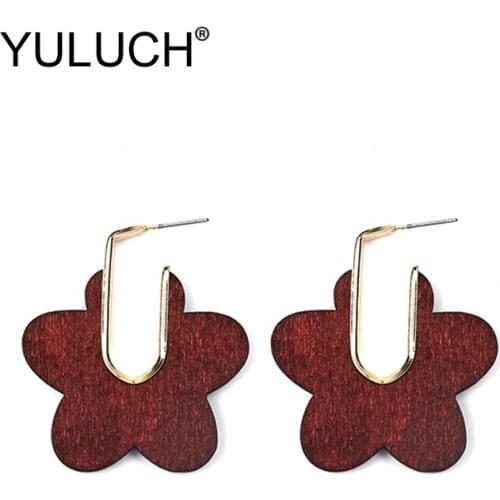 YULUCH Trendy Red Black Wood Flower Pattern Stud Earrings Fashion Jewelry Ethnic African Indian Stud Earrings Fashion Jewelry