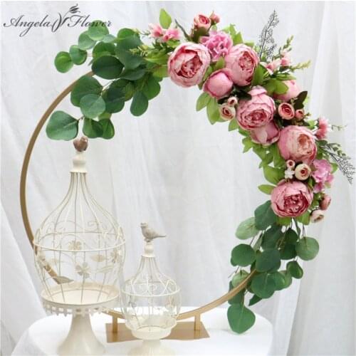 Event dining table peony bouquet artificial flower row decor wedding arch party backdrop rose Eucalyptus leaf greenery plants