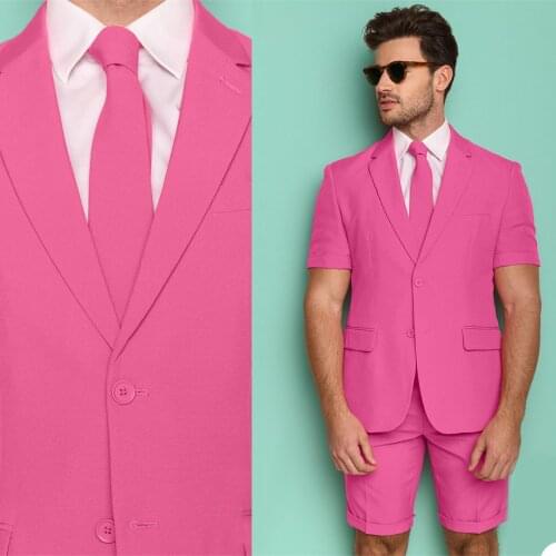 Hot Pink Short Mens Tuxedos Summer Beach Groom Best Men Wear Wedding Blazer Trousers Suits Business Prom Party (Jacket+Pants)
