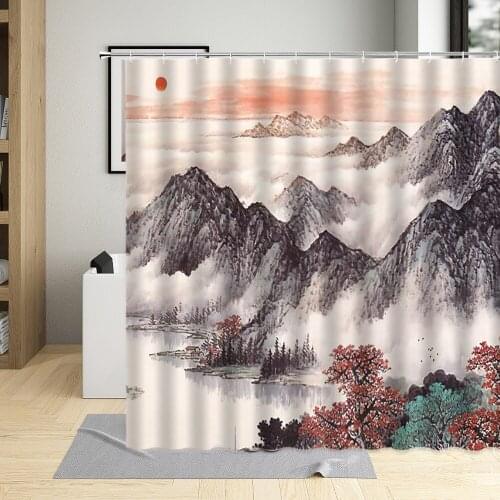 Chinese Landscape Ink Painting Shower Curtain Bathroom Decor Natural Scenery Marble Pattern View Curtains Polyester Washable Set