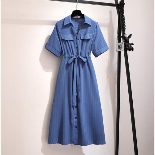 Women Summer Large Size Turn-Down collar Short Sleeve Striped With Pocket Chiffon Tunic Long Dress Plus Size Women Clothing