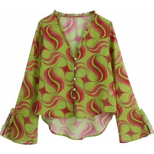 Za New Women Retro Floral Printing Simple Style Loose Big Size Long Sleeve V Neck Chiffon Shirt Casual Chic Tops XITIMEAO