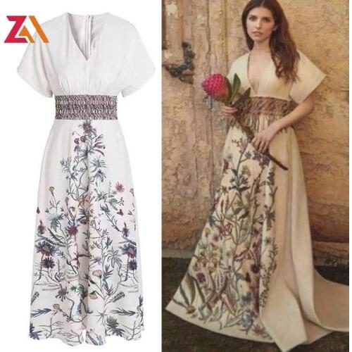 ZALady Designer Runway Women Midi Long Dress Woman Clothes Vintage Printed V-neck High Waist Elasticity Dresses Vestidos Mujer