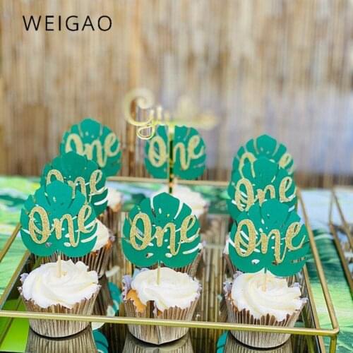 10pcs Palm Leaves Cake Toppers Tropical Jungle Dinosaur Wild One KIds 1 Year Birthday Cake Decoration Baby Shower Party Supplies