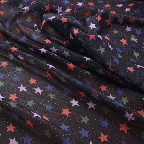 140CM Wide 6MM Colorful Stars Print Black Silk Chiffon Fabric for Summer Long and Short Dress Shirt Scarf Blouse H546