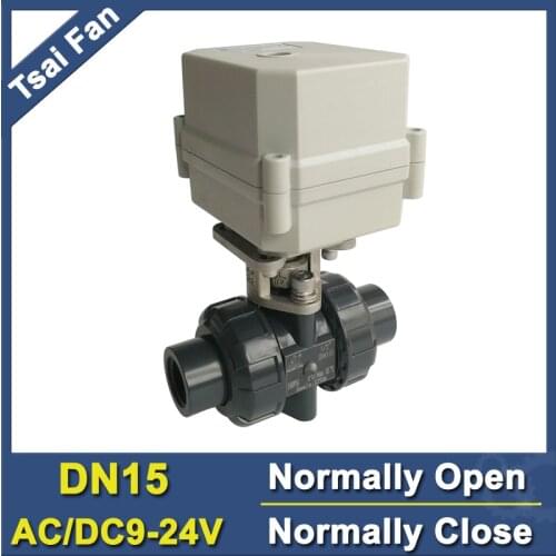 BSP/NPT 1/2'' PVC DN15 2-Way Normally Open/Close Motorized Ball Valve AC/DC9V-24V 10NM On/Off 15 Sec Metal Gear CE
