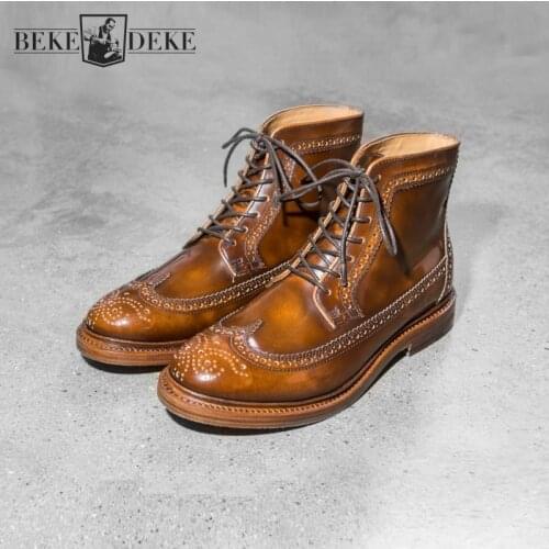 Vintage Carved High Top Brogue Shoes Men Handmade Genuine Leather Motorcycle Boots Lace Up Breathable Bikers Ankle Boots Male