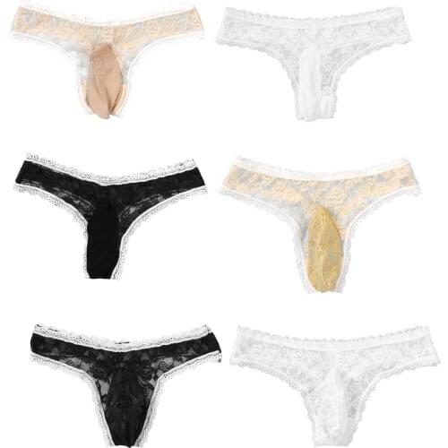 Mens Hot Sexy Lingerie Floral Lace G-string Underwear Bulge Pouch See-through Lace Sissy Briefs Panties See Through Underpants