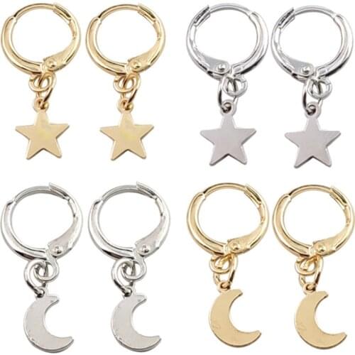 2021 New Fashion Simple Design Gold Silver Color Star Moon Charm Drop Pendant Earrings Women Delicate Party Jewelry