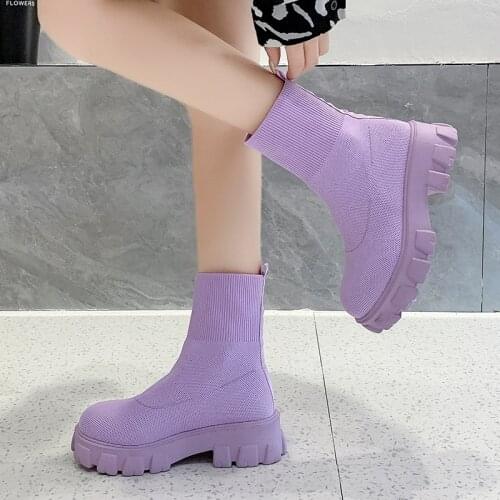 2021 New Sock Boots Woman Stretch Fabric Mid-Calf Casual Platform Booties Net Red Knitted Short Shoes Ladies Plus Size Botas