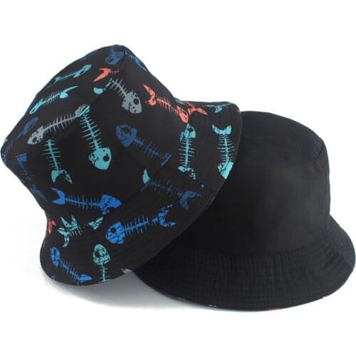 Fish Bone Print Reversible Bucket Hat Panama Bob Hip Hop Cap Women Men Summer Sun Protection Fisherman Hats