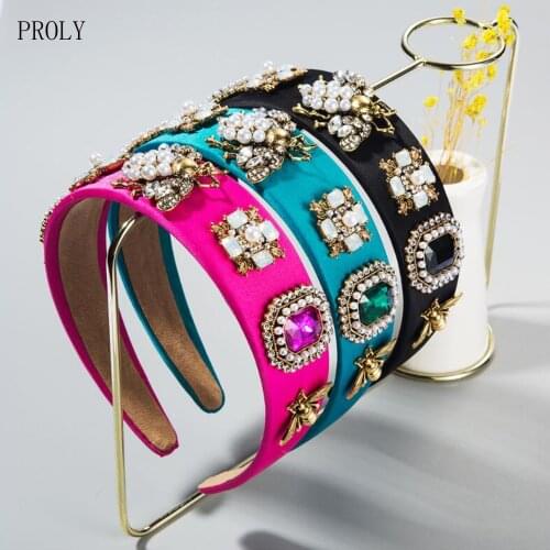PROLY New Fashion Baroque Hair Accessories High-end Luxury Rhinestone Hairband Handmade Pearls Flower Bees Hair Band Party