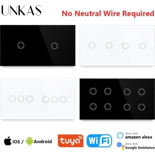 UNKAS 2 / 4 / 6 / 8 Gang Wifi EU Standard Touch Smart Switch Glass 157mm Panel Works With Tuya Alexa / Google Home