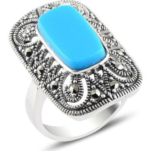 Silver 925 Sterling Turquoise & Marcasite Ring