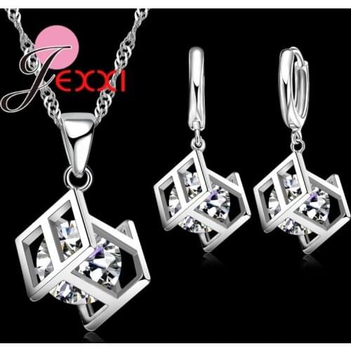 Bridal AAA Zircon Crystal Pendant Necklaces 925 Sterling Silver Jewelry Set For Women Girls Geometric Drop Earrings Gift Bijoxu